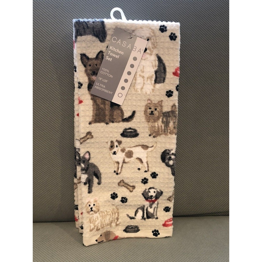 New CASABA Kitchen Towels Dogs Gray White Tan Textured Cotton 18x28” Absorbent